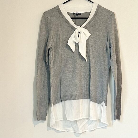NWT Adrianna Papell Heather Gray Silver Lurex Sweater Faux Button Up Bow Detail - Picture 1 of 6